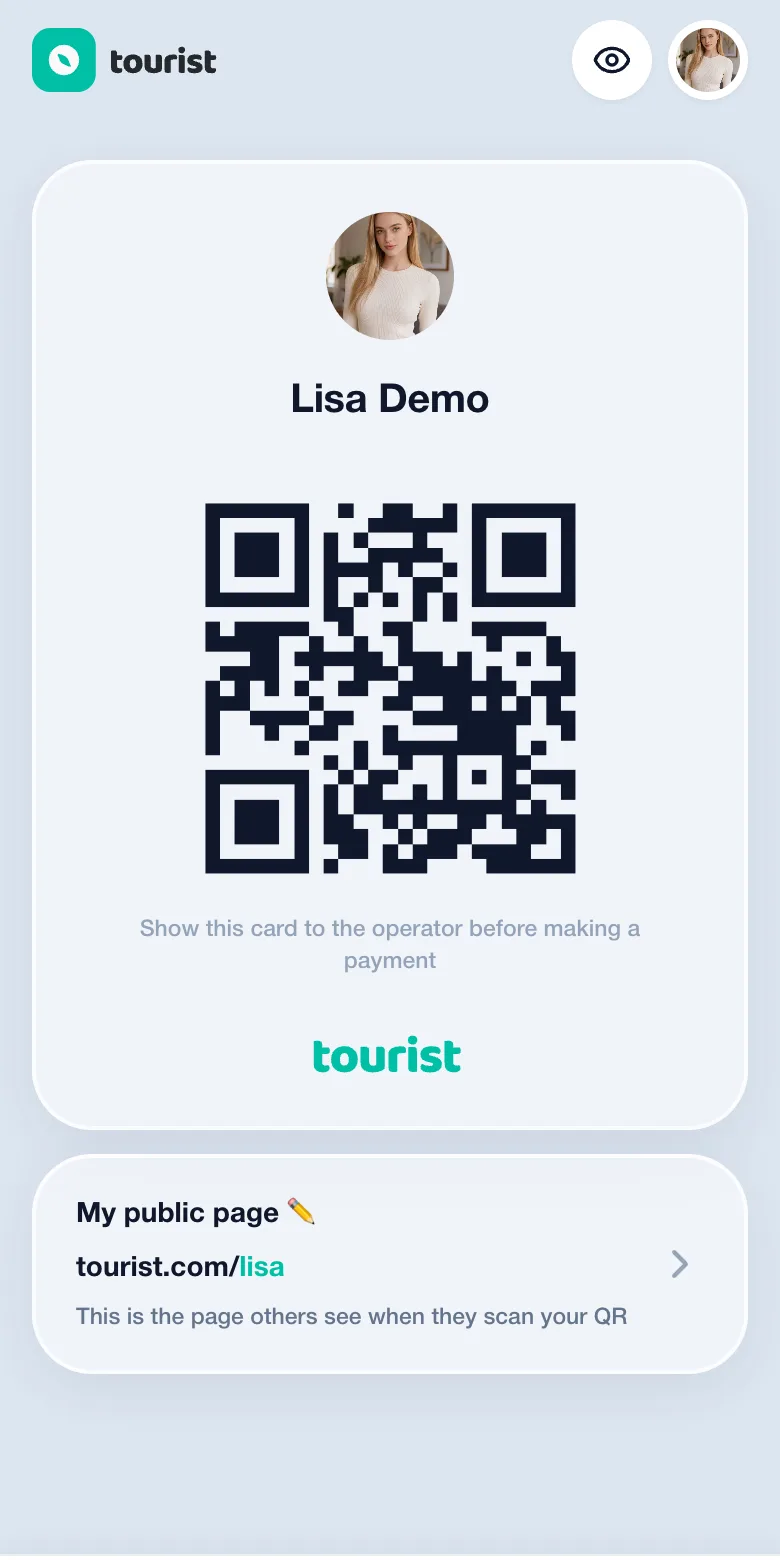 The digital Tourist Card on a phone: name, QR code and a link to the public page