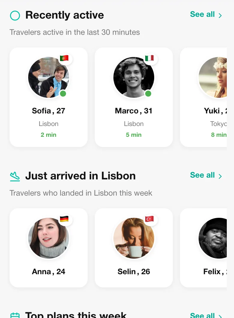 Discover screen: travelers recently active and just arrived in Lisbon